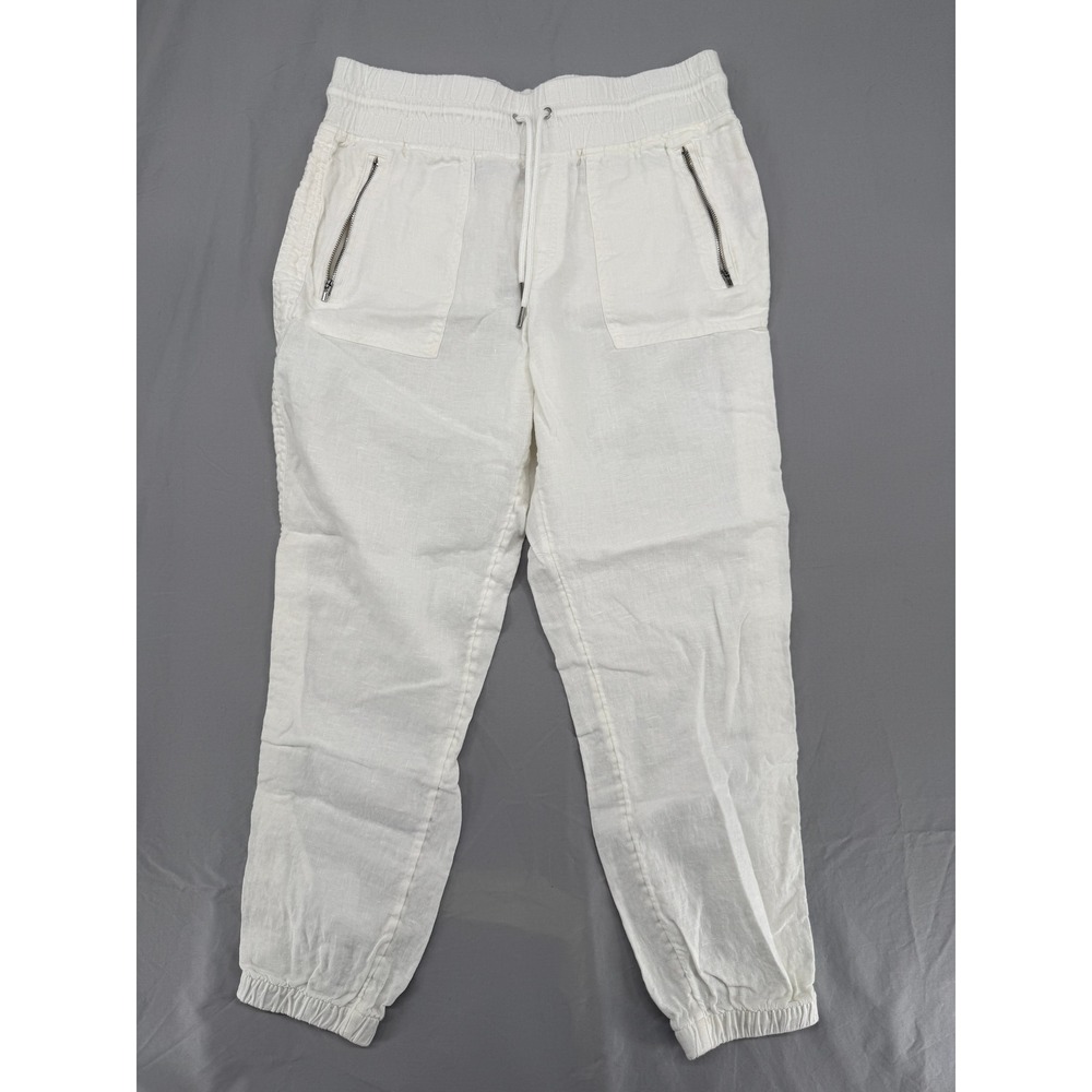 Athleta Cabo Linen Jogger Pants White Smocked Waist Size 10 Relaxed Fit Womens‎